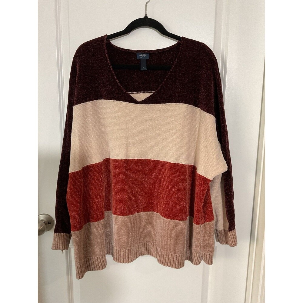 Daytrip Womens Colorblock Chenille Sweater Burgundy Rust V-Neck M Boho Chunky